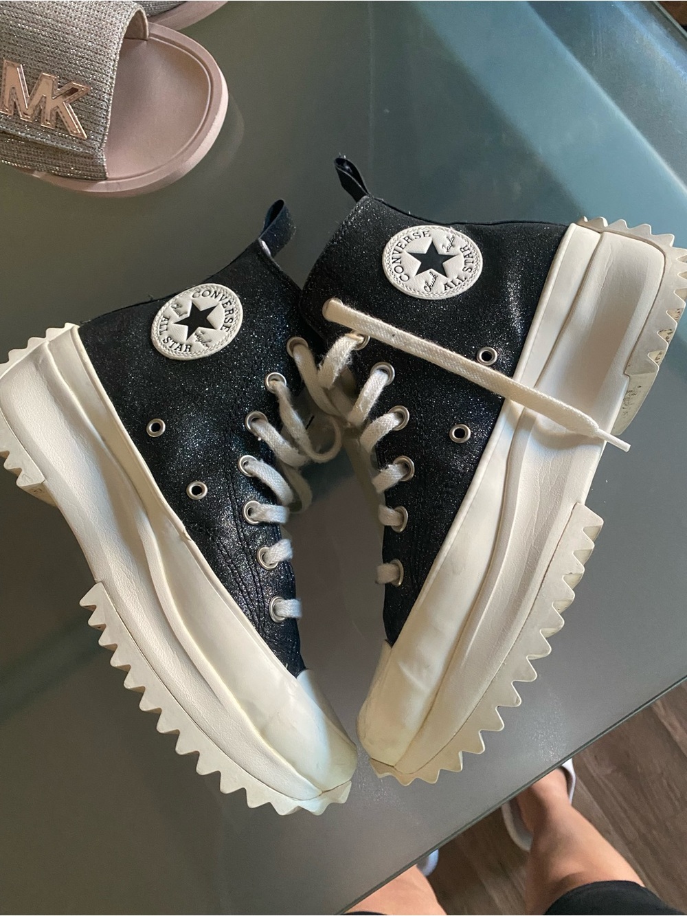 Converse Kids Black Glitter Platform Run Star Hike Sneakers